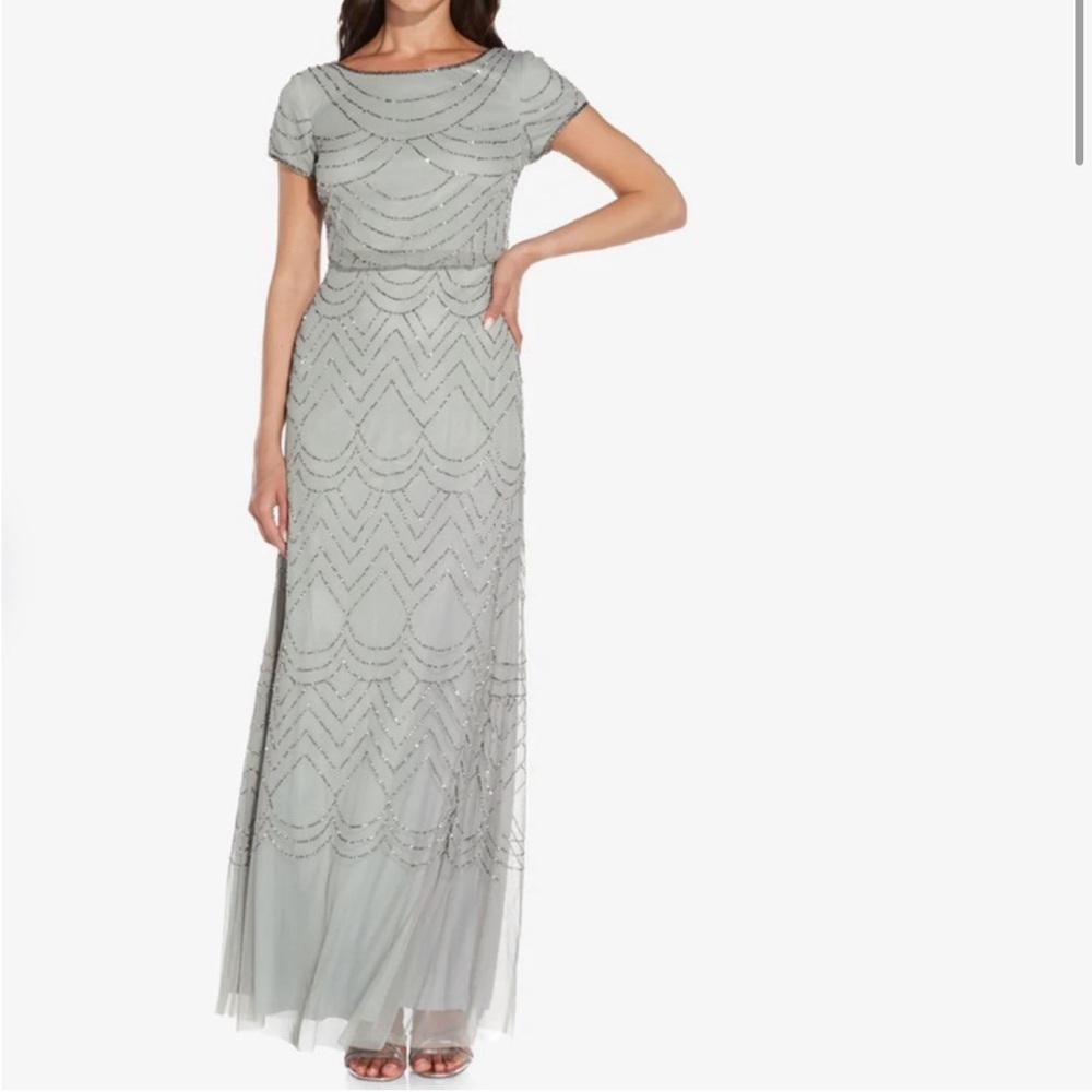 NWT Adrianna Papell Short Sleeve Blouson Beaded Gown in Blue Mist (Gray/Silver).